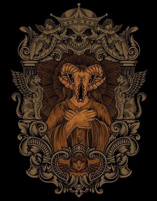 illustration satan goat skull with engraving ornament frame