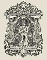 illustration angel praying with vintage engraving frame vector