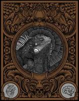 Ilustración iguana vintage con marco de adorno grabado
