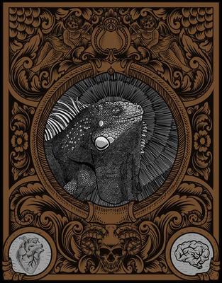 illustration vintage iguana with engraving ornament frame