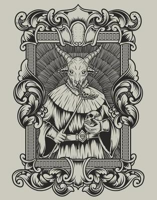 illustration scary baphomet on engraving ornament frame