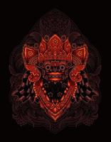 Ilustración vectorial cabeza de barong con adornos de grabado vintage vector