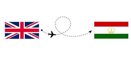 vuelo y viaje desde el reino unido de gran bretaña a tayikistán en avión de pasajeros concepto de viaje vector