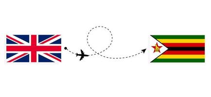 Flight and travel from United Kingdom of Great Britain to Zimbabwe by passenger airplane Travel concept vector