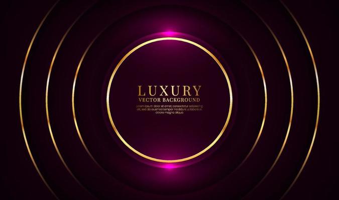3D purple luxury abstract background, overlap layers on dark space with golden circles effect decoration. Modern template element future style for flyer, banner, cover, brochure, or landing page
