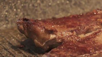 costeleta de carne na frigideira na grelha. câmera lenta com um pedaço de carne na frigideira na grelha video