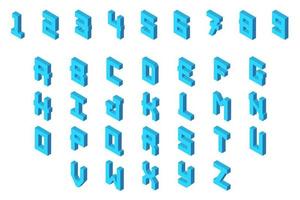 3D rendering letters. isometric alphabet characters and numbers in blue color, isolated on white background. Isometry uppercase typeface abs and numbers. vector