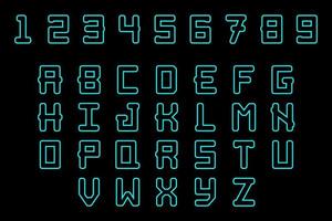 letras de contorno de contorno moderno. caracteres abs del alfabeto de arte de línea simple con línea delgada azul. Hola números de diseño de tecnología y tipografías en mayúsculas. vector