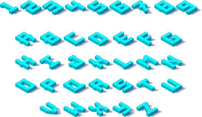3D rendering letters, isometric characters in blue color with shadow isolated on white background. Isometry alphabet typefaces abs modern futuristic illustration.