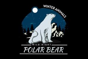 diseño retro de la silueta del oso polar de la noche salvaje vector