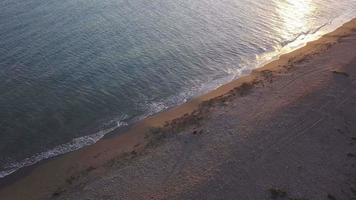 meisje knuffelen en strelen haar hond op het strand bij zonsondergang. luchtfoto, orbitale opname video