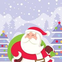 Merry Christmas. Flat design Santa Claus in Christmas snow scene. Vector