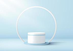 3D realistic white cylinder pedestal and circle line backdrop on soft blue studio room background vector
