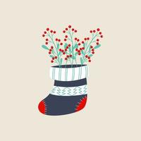 Decorative twigs with berries in a colored striped sock. Vector illustration in flat style