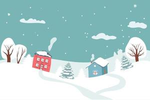 Fondo de paisaje de invierno con muñeco de nieve. ilustración vectorial. tarjeta de felicitación. invierno. Ilustración de vector lindo de Navidad, paisaje de invierno de año nuevo con casas, árboles. plano.