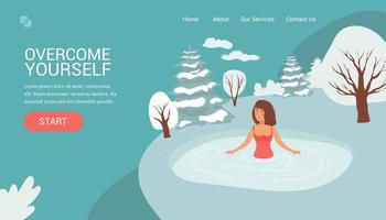 Landing page female Character Swimming in Ice. Healthy lifestyle challenge, sport activity concept. Hole in Winter Season. Woman, Healthy Lifestyle Challenge, Sports Activity. Vector Illustration photo