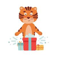 cachorro de tigre chino con regalos. caja con regalos. divertido flat.vector aislado en la ilustración de dibujos animados de wite vector