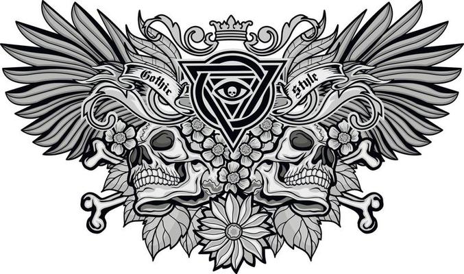 Gothic sign with skull and flowers, grunge vintage design t shirts