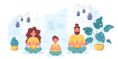 Family doing yoga, meditation in cozy interior. Family spending time together. vector