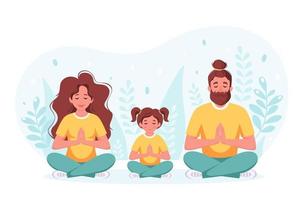 Family doing yoga, meditation together. Family spending time together. vector