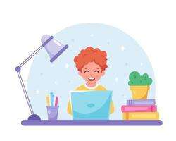 Red haired boy studying with computer. Online learning, back to school vector