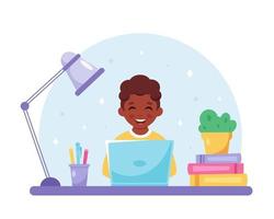 Black boy studying with computer. Online learning, back to school concept. vector