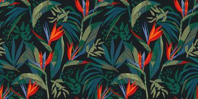 Abstract art seamless pattern with tropical leaves and flowers. vector