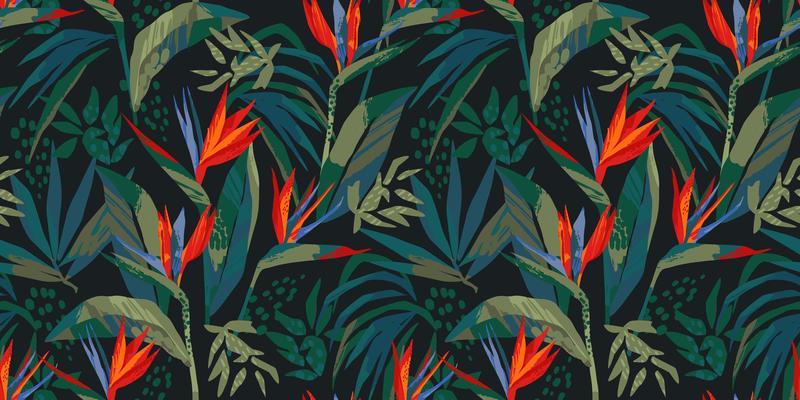 Abstract art seamless pattern with tropical leaves and flowers.