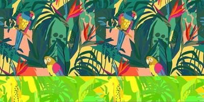 patrón transparente de arte abstracto con loros y hojas tropicales. diseño exótico moderno para papel, cubierta, tela, decoración de interiores y otros vector