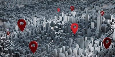 Pin en el mapa de Nueva York EE. UU. tono oscuro resplandor pin conexión comunicación y prestación de servicios ilustración 3d foto