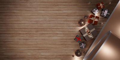 fondo de madera caja de regalo fondo de navidad y año nuevo cinta y decoración de bolas