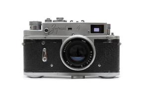 BELGRADE, SERBIA, FEBRUARY 2, 2017 - View at Zorki 4 camera isolated on white. This  35 mm rangefinder camera was possibly the most popular of all Zorki cameras made in Krasnogorsk, Russia. photo