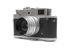 BELGRADE, SERBIA, FEBRUARY 2, 2017 - View at Zorki 4 camera isolated on white. This  35 mm rangefinder camera was possibly the most popular of all Zorki cameras made in Krasnogorsk, Russia. photo