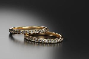 Anillos de diamantes de oro colocados sobre fondo brillante objeto macro representación 3d foto