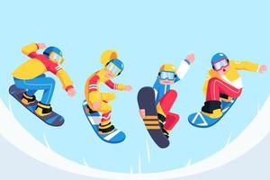 conjunto de personajes masculinos juegan al snowboard vector