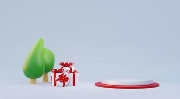 Podium with various gift boxes and tree decorations photo