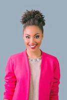 portrait of beautiful smiling young woman in pink blazer. Love, support, togetherness, care, diversity concept photo