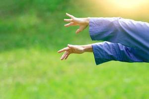 Detalle de las posiciones de las manos de una práctica de tai chi chuan al aire libre. foto