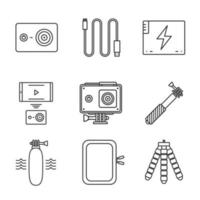 Action camera linear icons set. Sport cam, usb cable, battery, phone connection, waterproof case, selfie monopod stick, floating grip, box, tripod. Thin line contour illustrations. Isolated. Vector