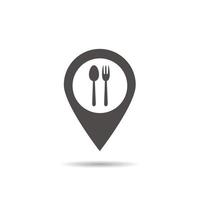 Cafe and restaurants location icon. Drop shadow map pointer silhouette symbol. Fork and spoon eatery sign inside pinpoint. Vector isolated illustration