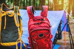 viajar naturaleza relajarse en las vacaciones. acampar en la montaña en la naturaleza salvaje. la cuerda de fuerza de bloqueo. hebilla de cuerda de tienda. en la mochila colgante. foto