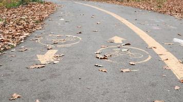 Bicycle lane on the side of a city road in the fall. Road marking in the form of two oncoming arrows on an asphalt path in the autumn park. Fallen leaves in the forest. Fall season concept photo