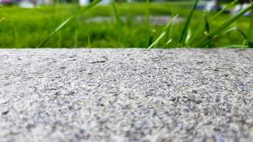 green grass on a gray concrete wall background, uneven wall surface and grass, background image. Gray concrete wall with grass floor texture for background design. photo