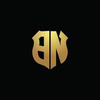 BN logo monogram with gold colors and shield shape design template vector