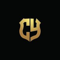 CY logo monogram with gold colors and shield shape design template vector