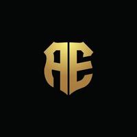 AE logo monogram with gold colors and shield shape design template vector