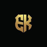 EK logo monogram with gold colors and shield shape design template vector