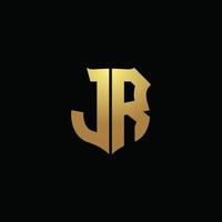 JR logo monogram with gold colors and shield shape design template vector