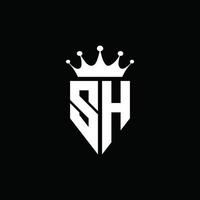 sh logo monograma emblema estilo con plantilla de diseño de forma de corona vector