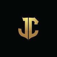Monograma del logotipo de jc con colores dorados y plantilla de diseño de forma de escudo vector
